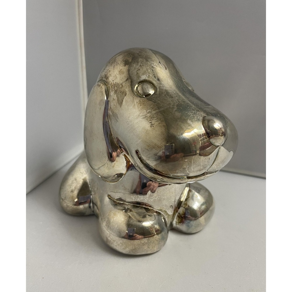 Vintage‎ Puppy Dog Bank Silver Tone Metal Coin Bank Signed 2000